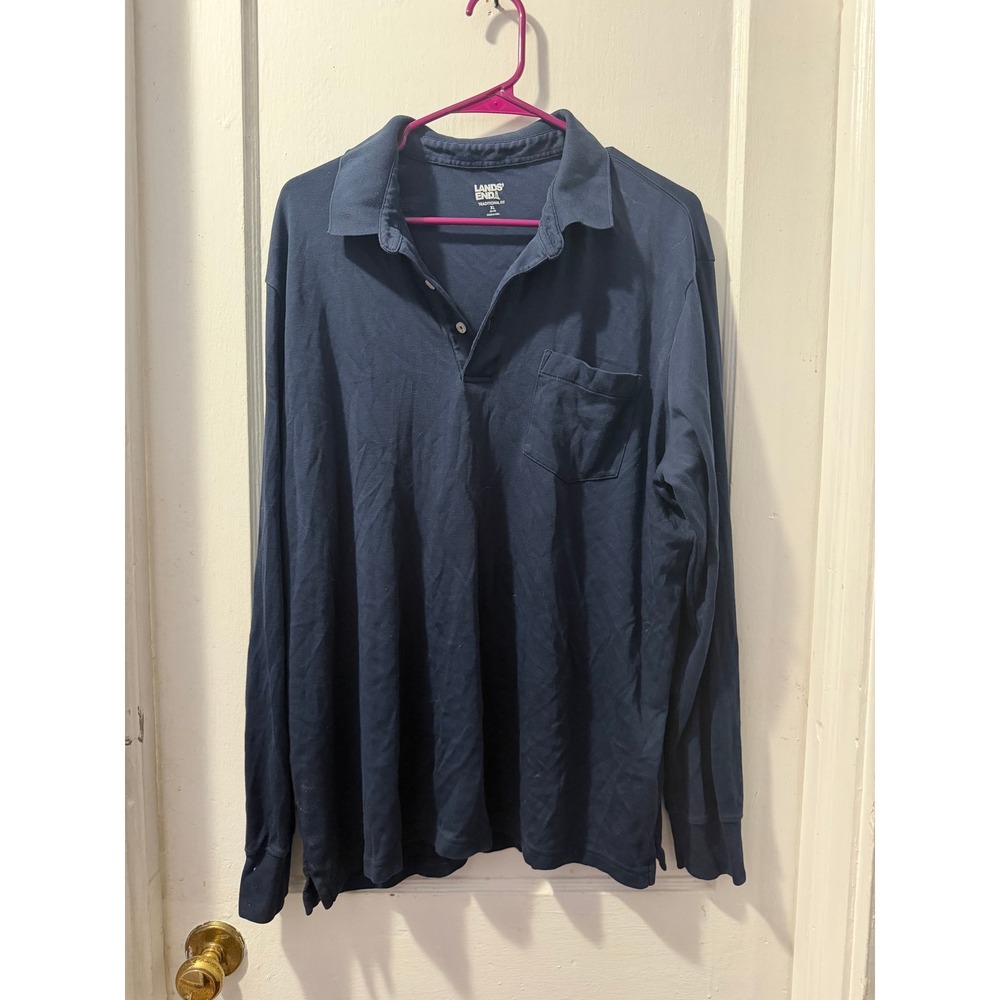 Lands End Navy Traditional Fit Collared Henley XL 100% Cotton Long Sleeve Polo